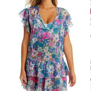 Jessica Simpson Tiered Ruffle Retro Vibrant Floral Swim Coverup Mini Dress Sheer